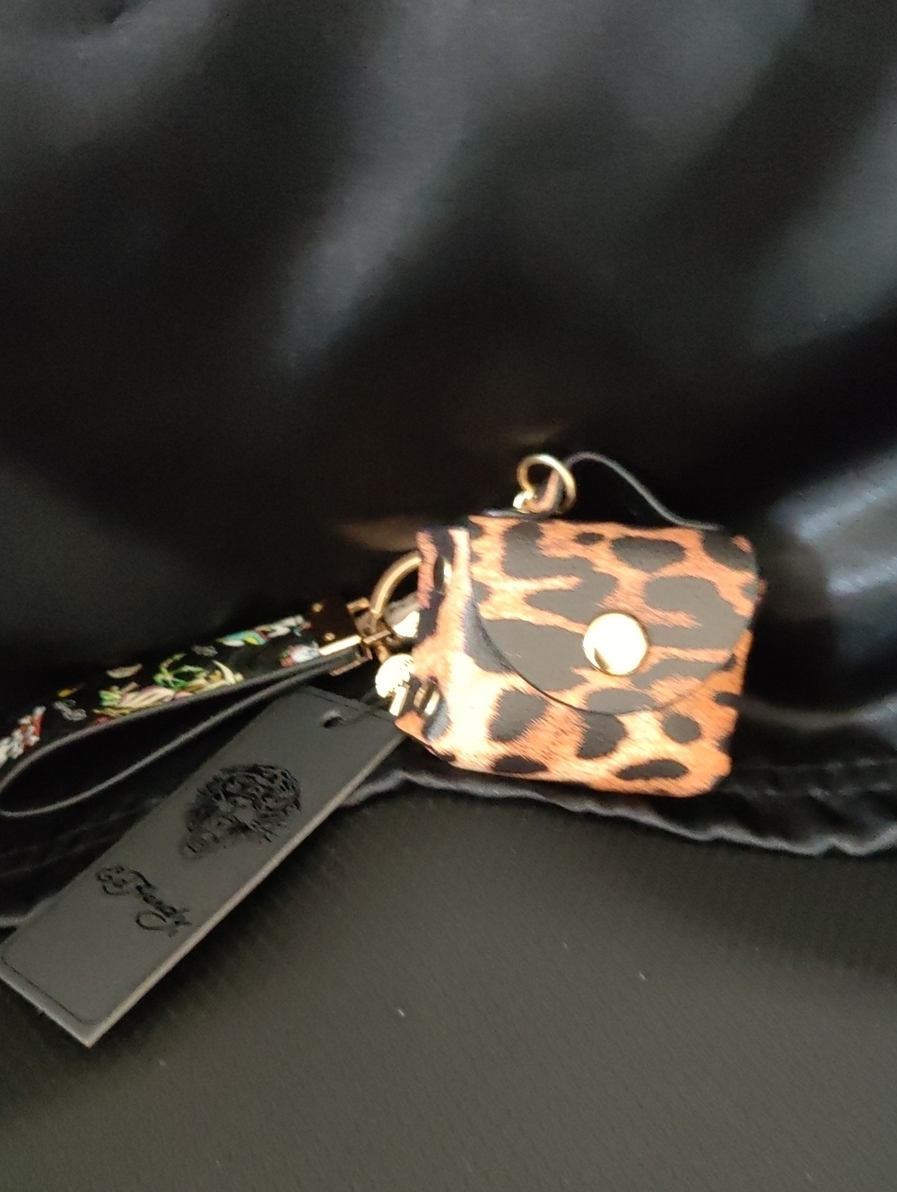 Ed Hardy Leopard Print Key & Card Holder with Black Floral Strap